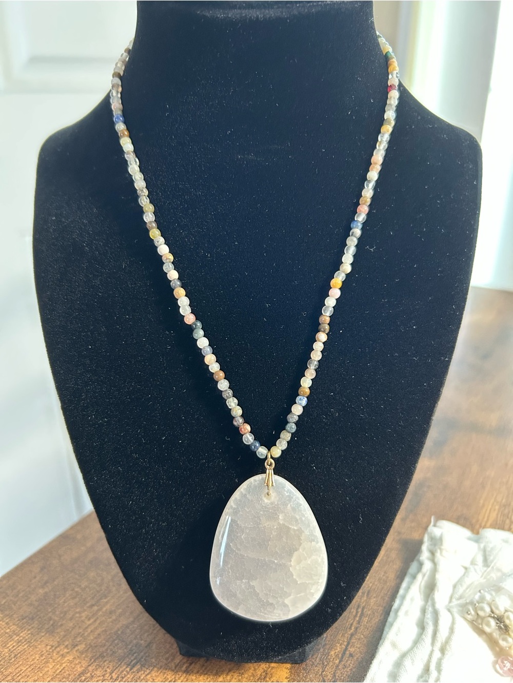 Multicolor Beaded Necklace with White Agate Pendant - Elegant Women’s Jewelry